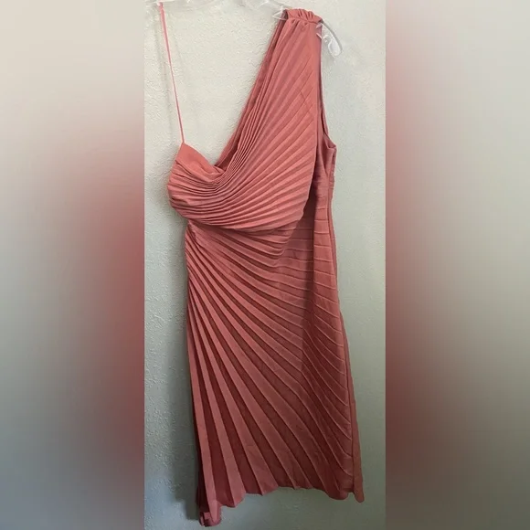 NWT Banana Republic Gorgeous One Shoulder Pleated Coral Pink Asymmetric Dress 12 - Picture 1 of 13